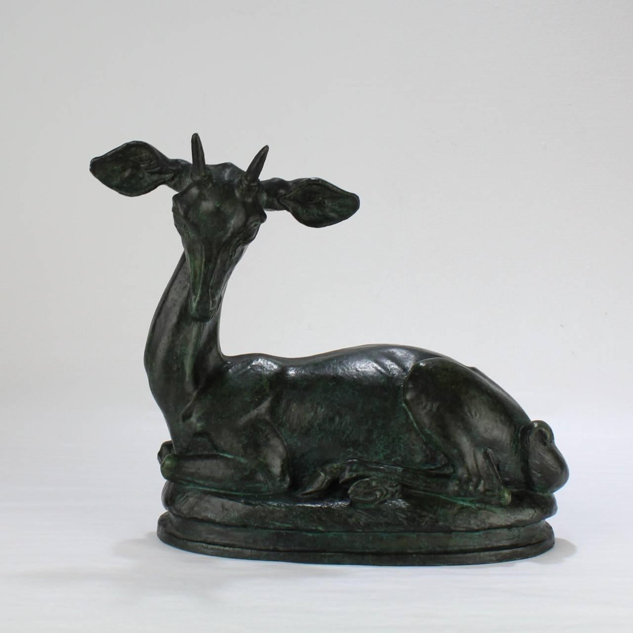 A superb Modernist model of a Gazelle by Walter Rotan (1912-2001) with a very dark verdigris patina.

Cast at the Roman Bronze Works in the 1930s or 1940s.

The bronze is stamped Roman Bronze Corp. NY to the reverse and bears an integral signature