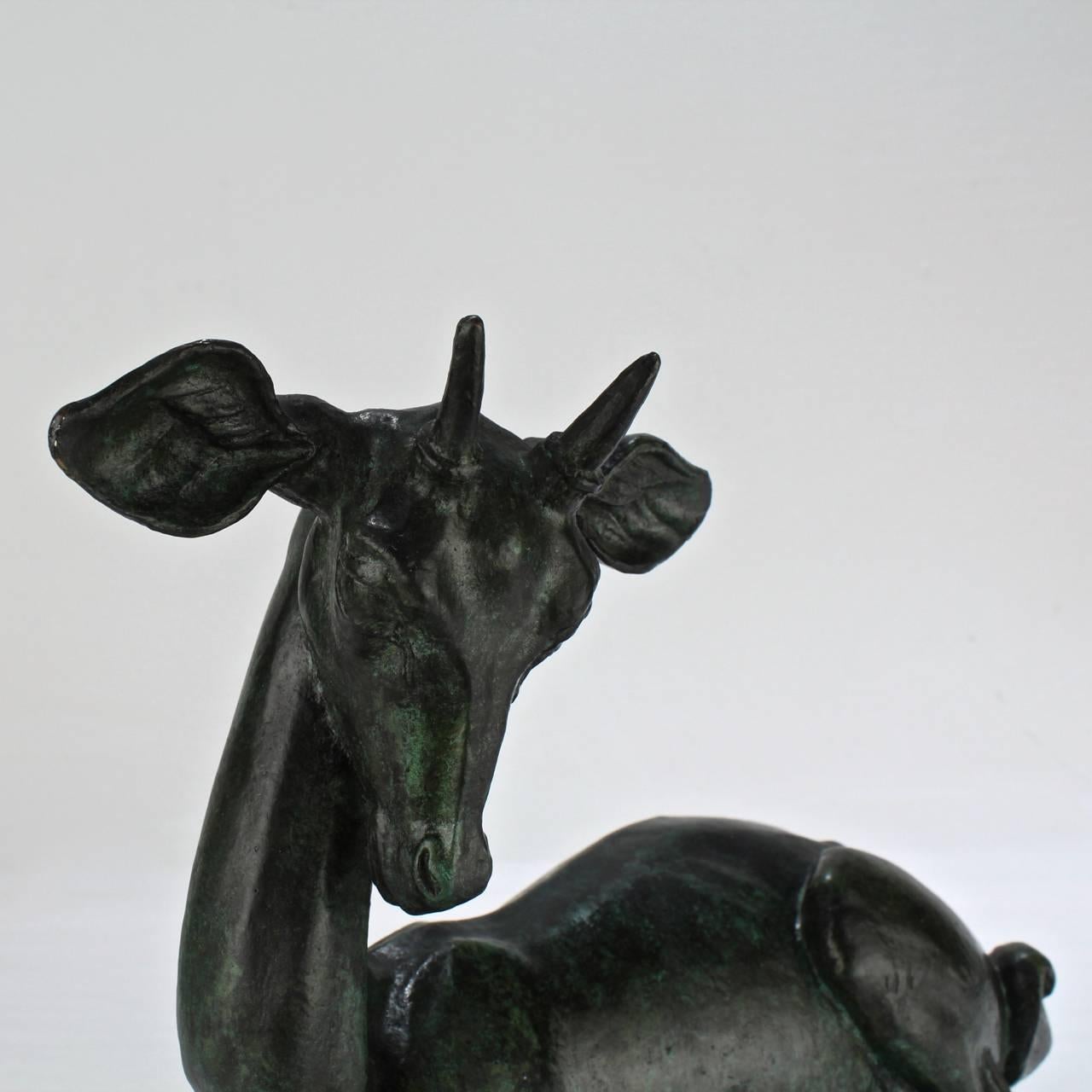 Patinated American Modernist Roman Bronze Works Sculpture of a Gazelle by Walter Rotan For Sale