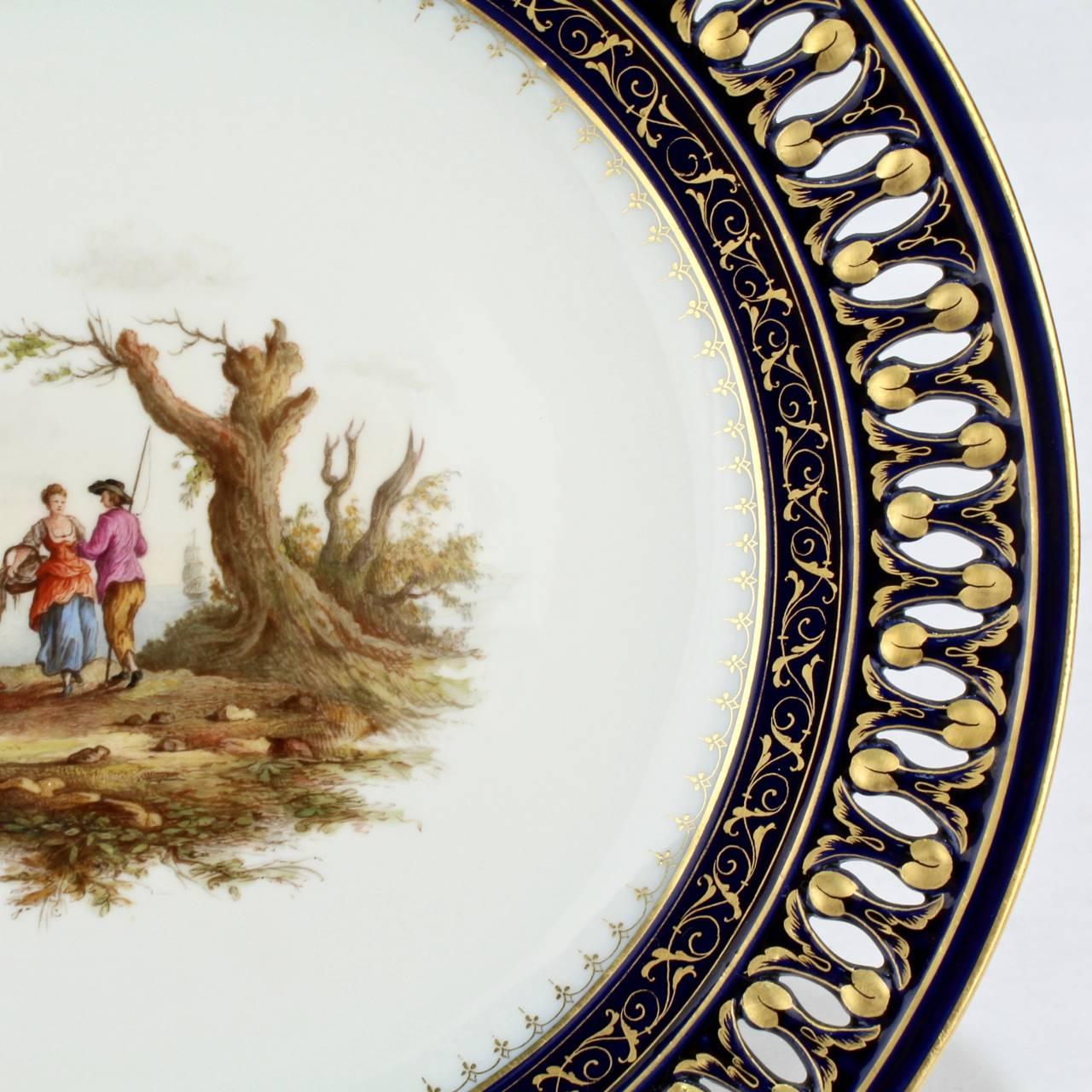 Pair of Antique Meissen Porcelain Reticulated Cabinet Plates with Cobalt Borders 1