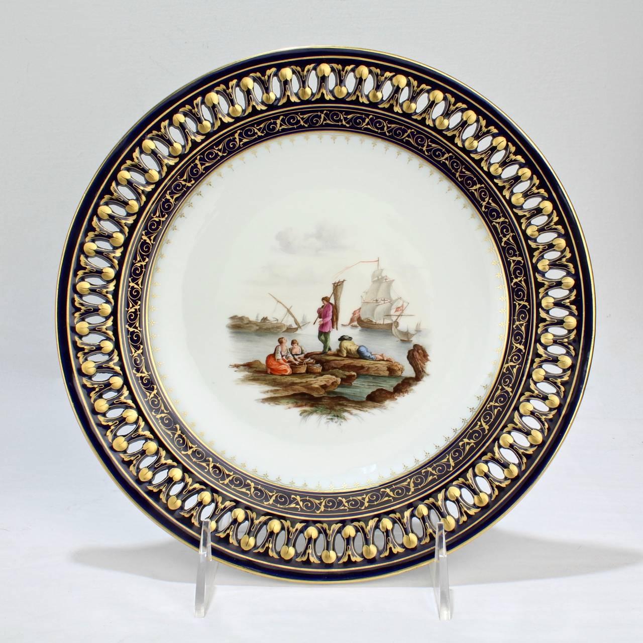 Baroque Revival Pair of Antique Meissen Porcelain Reticulated Cabinet Plates with Cobalt Borders