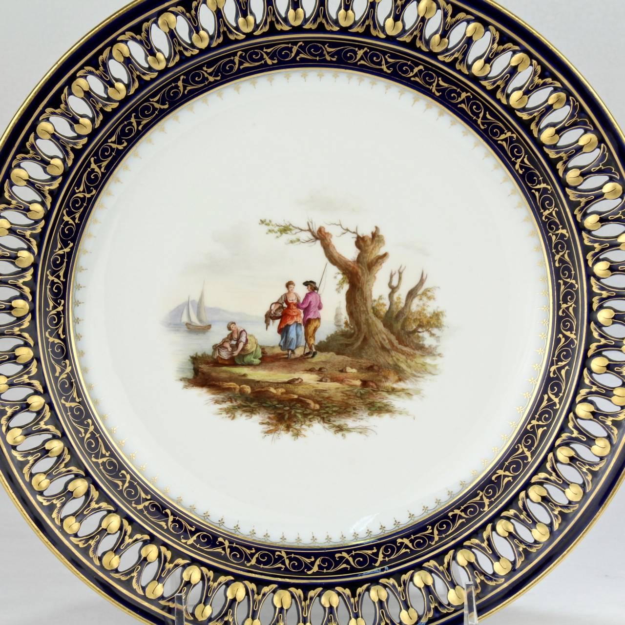 German Pair of Antique Meissen Porcelain Reticulated Cabinet Plates with Cobalt Borders