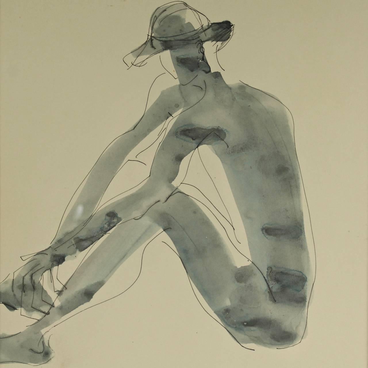 Seated Male Nude with Hat by Janet Lippincott.

Ink and watecolor on paper.

Signed and dated 1963 lower right.

Matted under glass in a contemporary frame.

Frame size: 
Height: circa 18 1/2 in. 
Width: circa 15 in.

Sight size: