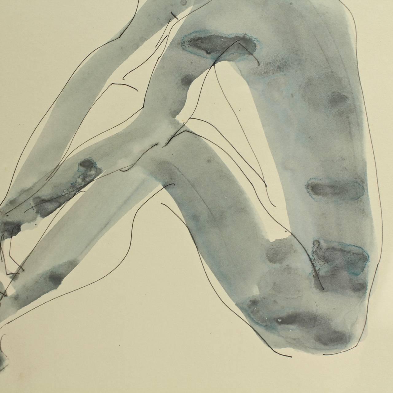 Seated Male Nude with Hat, an Ink and Watercolor Drawing by Janet Lippincott In Good Condition In Philadelphia, PA
