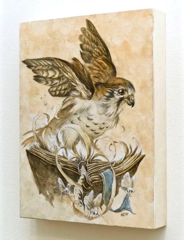 Kestrel Roost.

A graphite, watercolor, gouache (with Venetian plaster) painting on wood panel. 

Measures: Height ca. 12 in
Width ca. 9 in.

Signed lower right.

Jeremy Hush, a long time Punk and Heavy Metal scene illustrator long ago