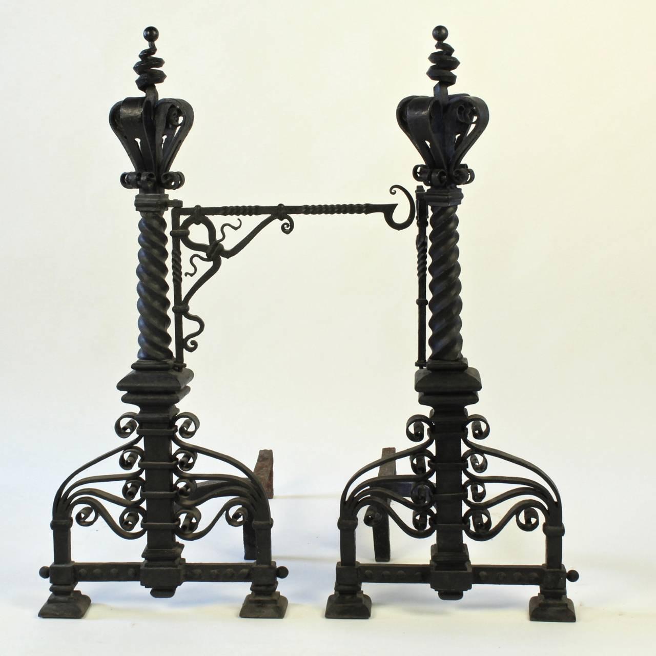 19th Century Pair of Very Large Arts & Crafts Wrought Iron Fireplace Andirons, 1880s-1900s