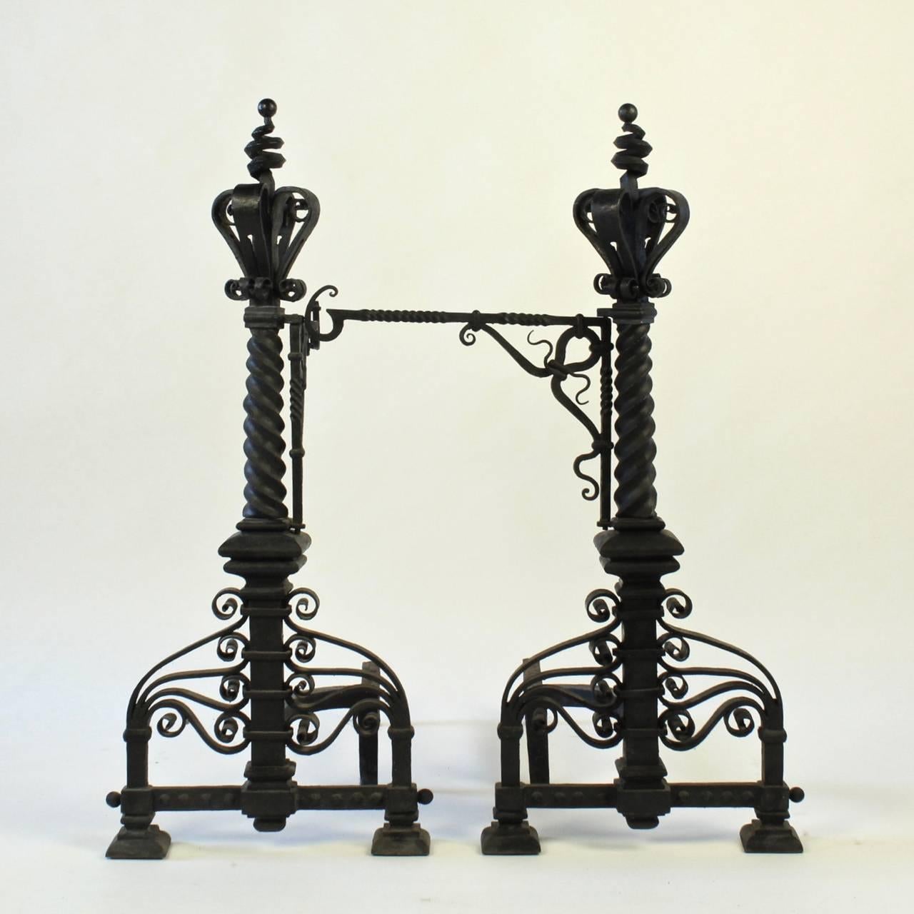 Pair of Very Large Arts & Crafts Wrought Iron Fireplace Andirons, 1880s-1900s 1