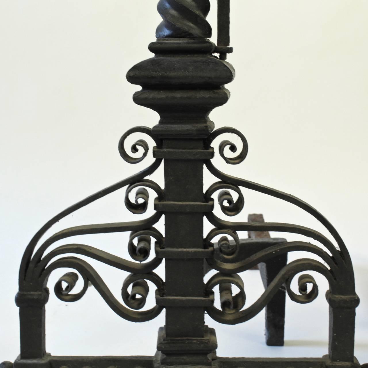Arts and Crafts Pair of Very Large Arts & Crafts Wrought Iron Fireplace Andirons, 1880s-1900s