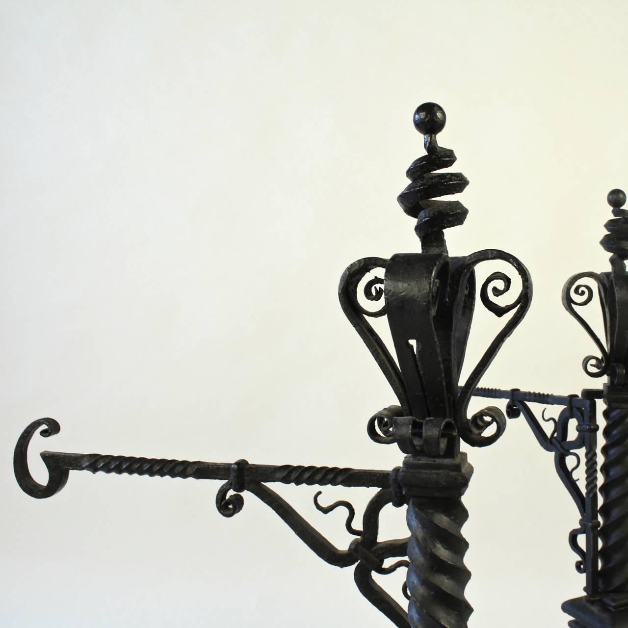 American Pair of Very Large Arts & Crafts Wrought Iron Fireplace Andirons, 1880s-1900s