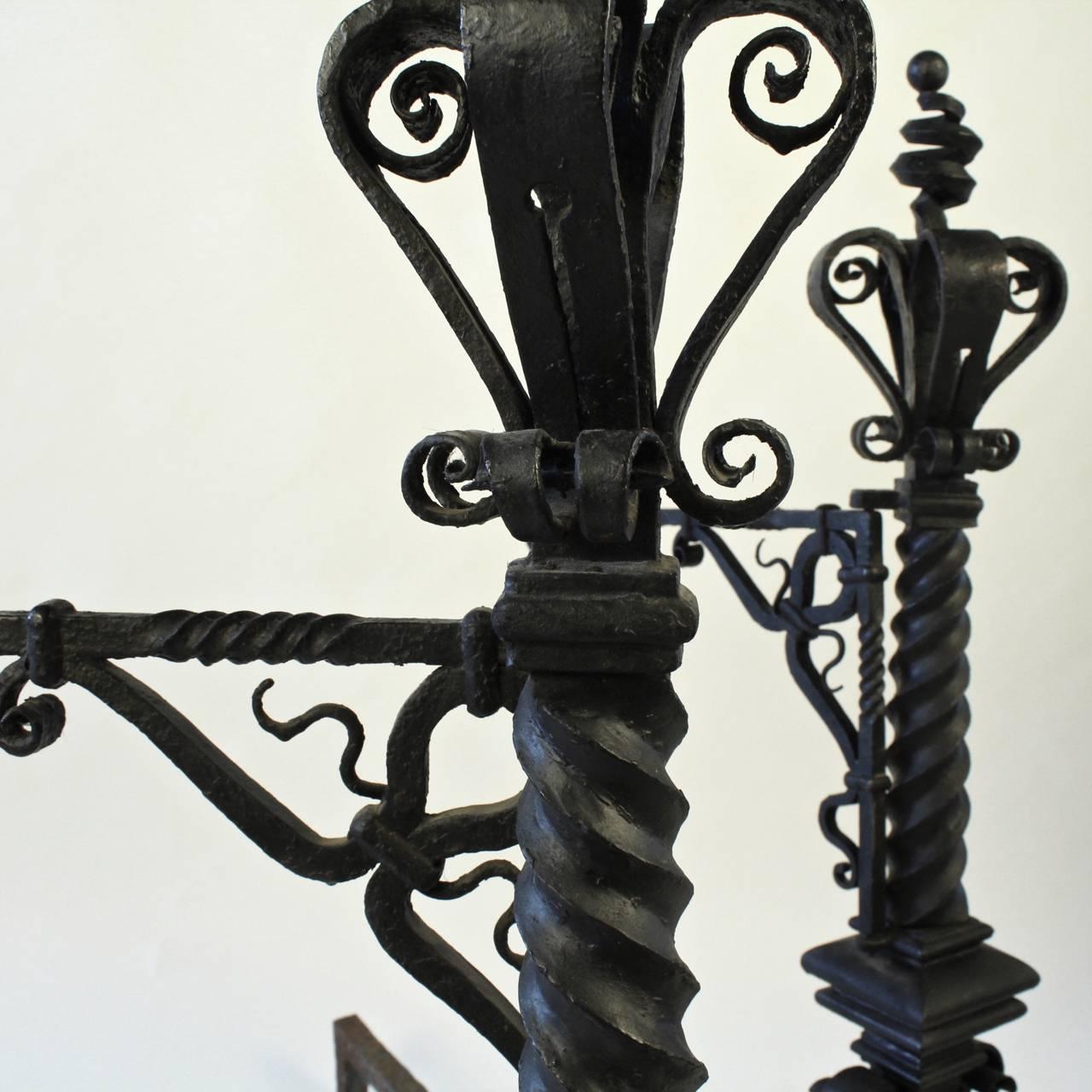 Pair of Very Large Arts & Crafts Wrought Iron Fireplace Andirons, 1880s-1900s 2