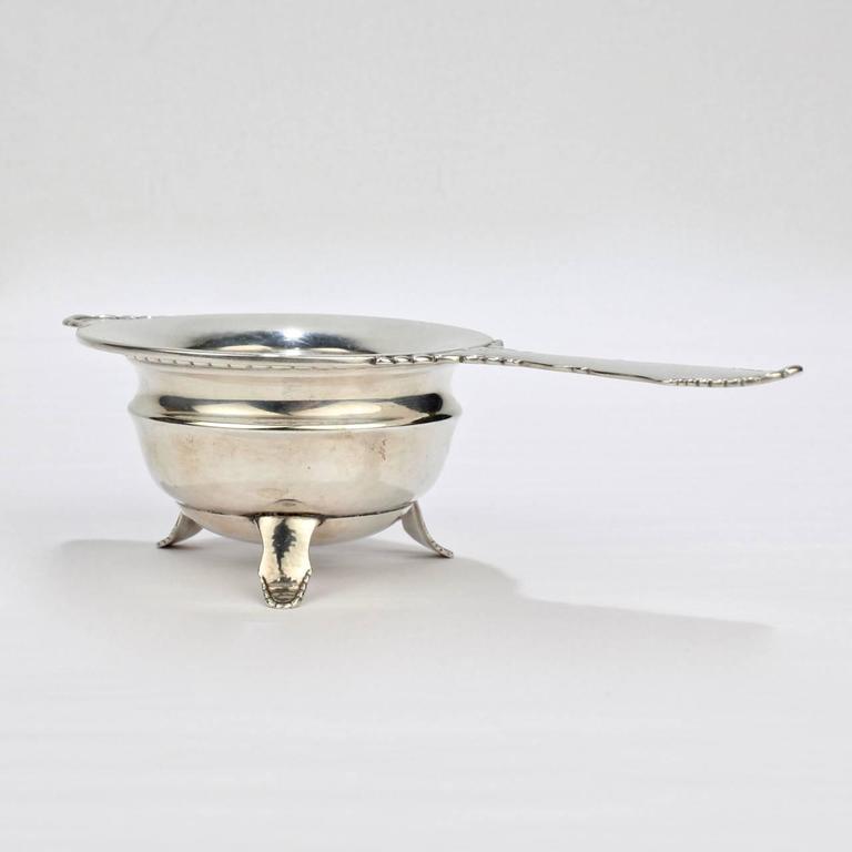 Danish Art Deco HandHammered Sterling Silver Tea Strainer and Stand