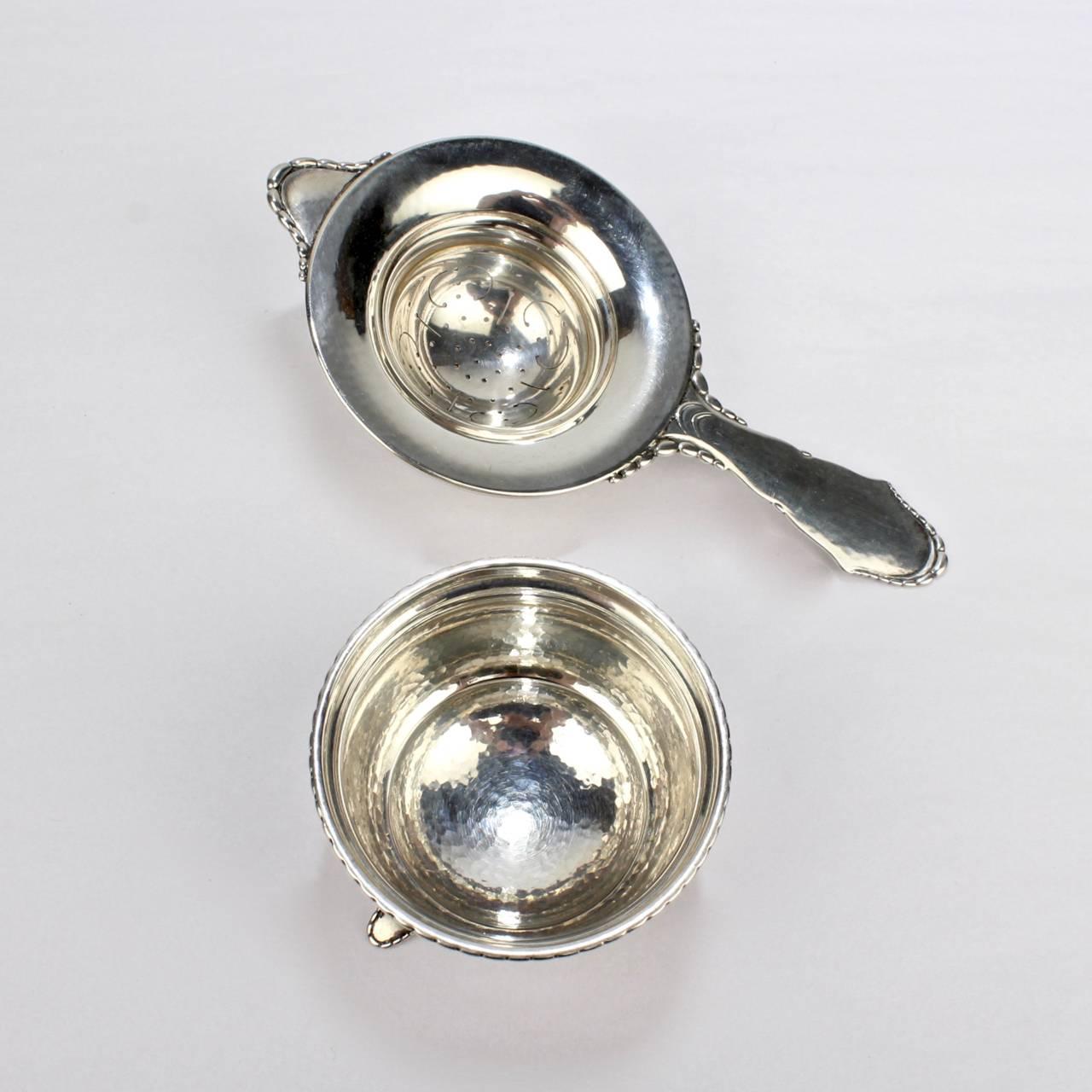 Mid-20th Century Danish Art Deco Hand-Hammered Sterling Silver Tea Strainer and Stand, 1930