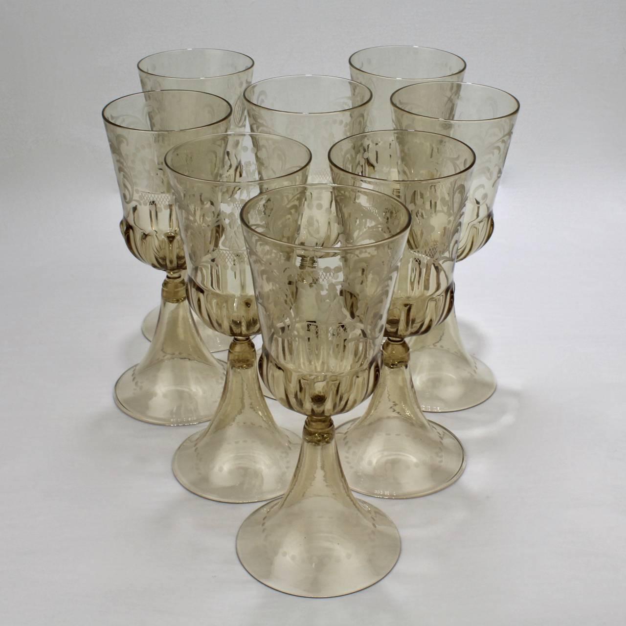 Renaissance Set of Eight Pauly & Co. Light Amber Etched Venetian Glass Wine or Water Goblets