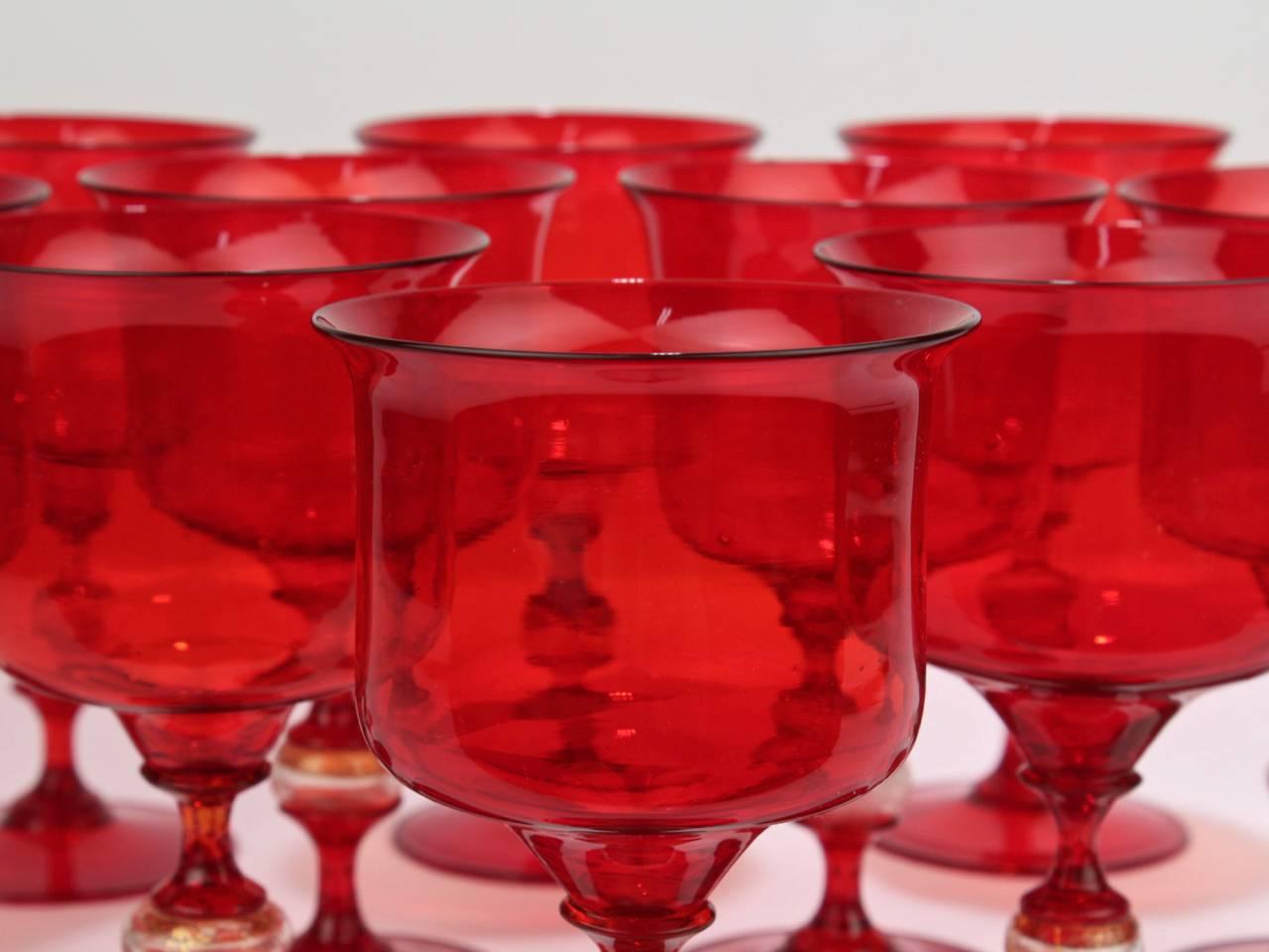 Mid-Century Modern 12 Mid-Century Red Venetian Glass Wine Goblets or Glasses