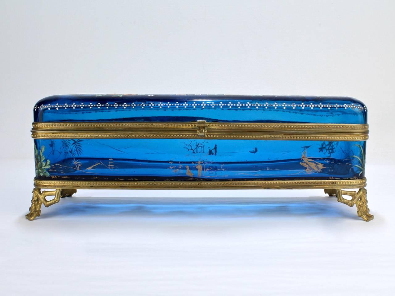 Czech Large Japonisme Moser-Type Bronze Mounted & Enameled Blue Glass Casket Box For Sale