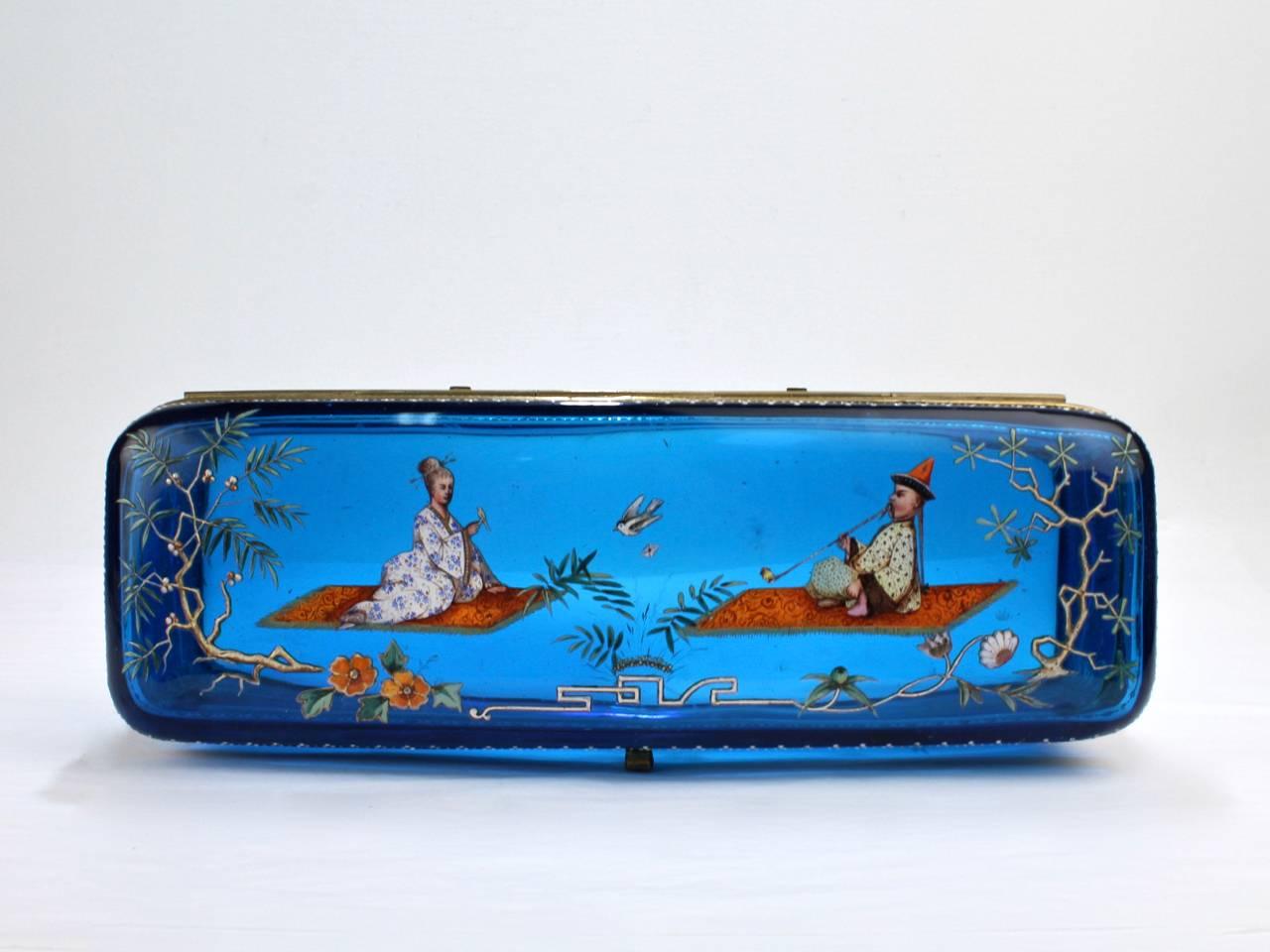 Gilt Large Japonisme Moser-Type Bronze Mounted & Enameled Blue Glass Casket Box For Sale