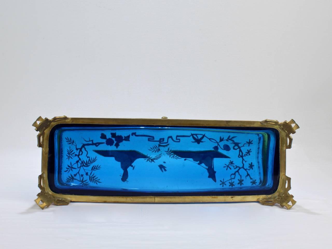 Large Japonisme Moser-Type Bronze Mounted & Enameled Blue Glass Casket Box For Sale 4