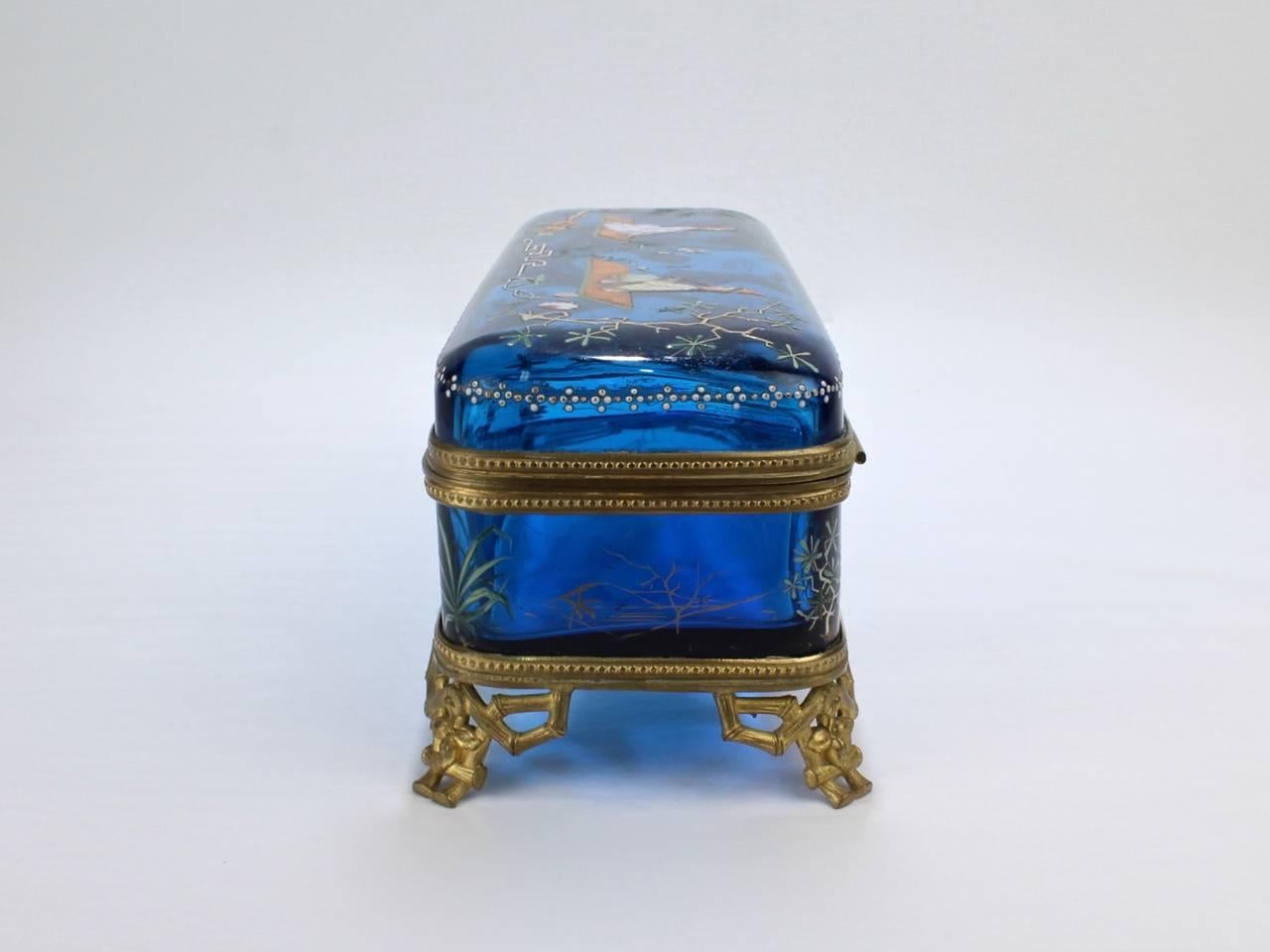 Large Japonisme Moser-Type Bronze Mounted & Enameled Blue Glass Casket Box For Sale 3