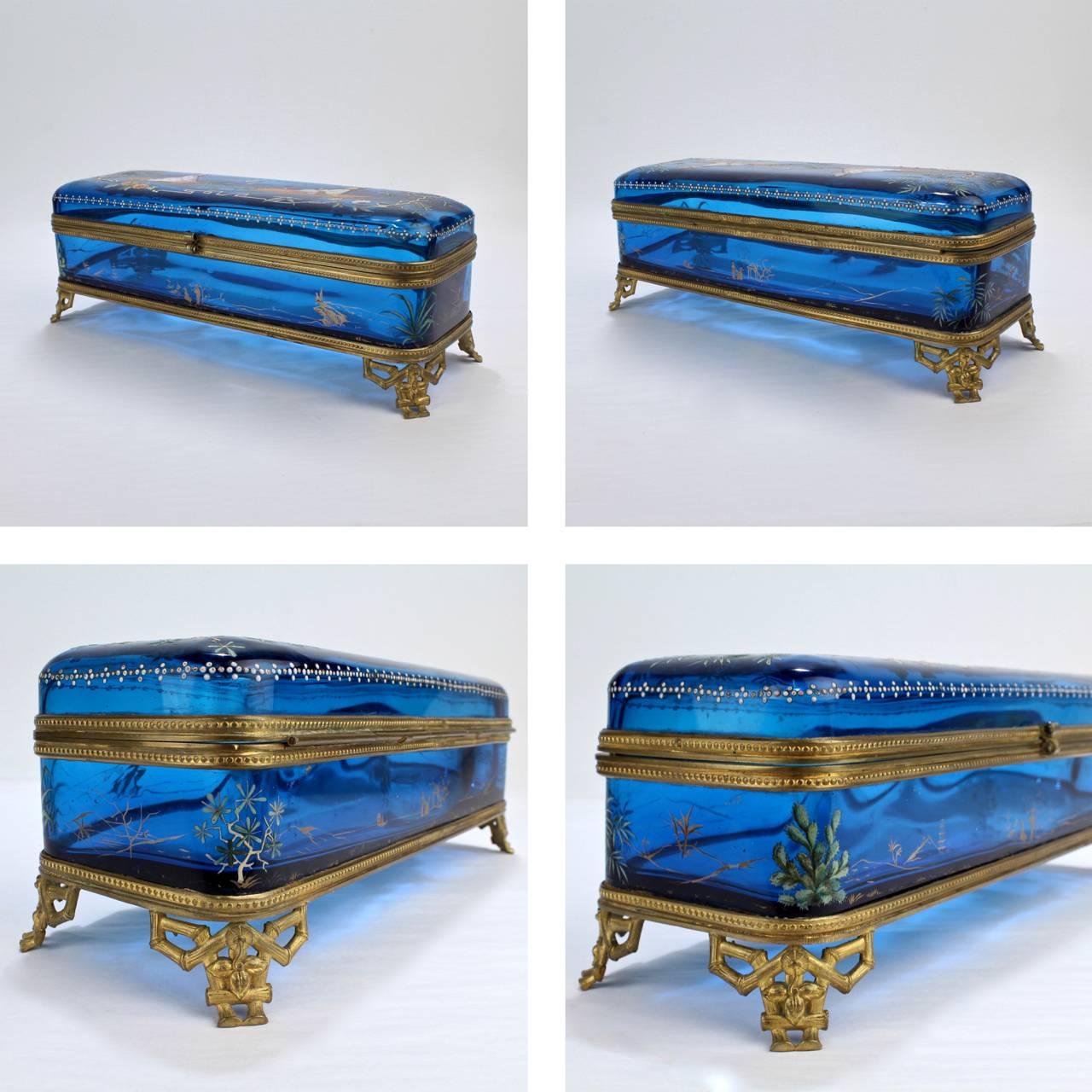 Large Japonisme Moser-Type Bronze Mounted & Enameled Blue Glass Casket Box For Sale 1