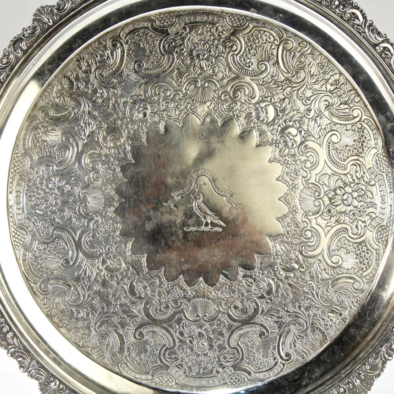 Antique Crested Scottish Sterling Silver Salver or Tray by George McHattie In Good Condition In Philadelphia, PA