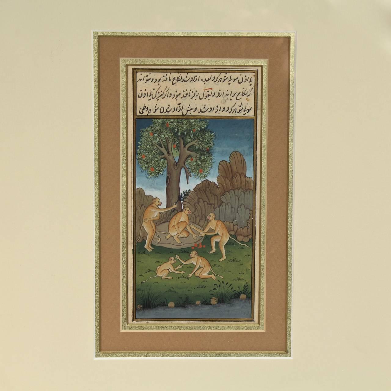 A fine antique Indian or Indo-Persia Moghul Islamic Illustrated manuscript folio.

Depicting monkeys gathering fruit at the base of the tree.

Polychrome hand illustrated decoration on paper. 

Mounted under matte and glass in a wooden