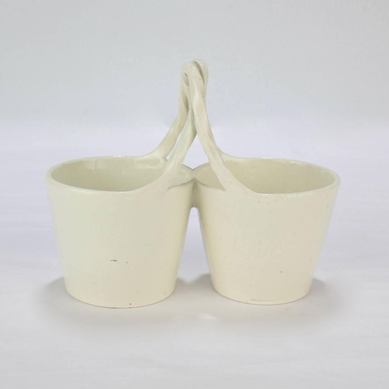 British Antique 18th Century Wedgwood Creamware Basket Form Double Salt Cellar For Sale