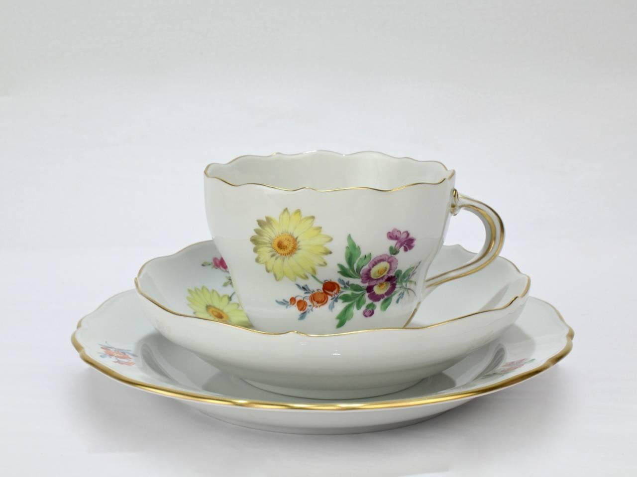 20th Century Set of Six Meissen Porcelain Tea Cup Saucer & Plate Trios with Different Flowers