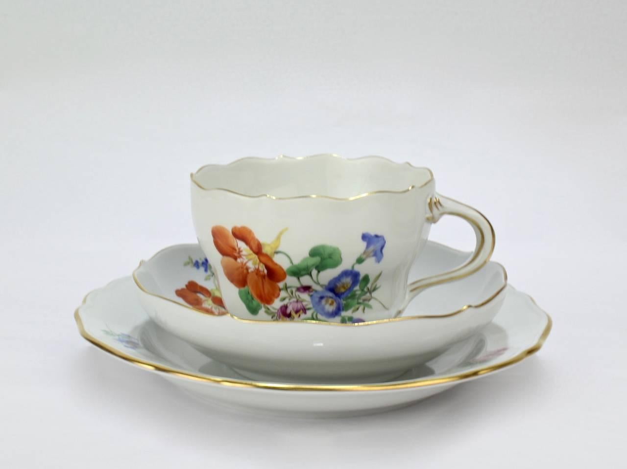 Set of Six Meissen Porcelain Tea Cup Saucer & Plate Trios with Different Flowers 1