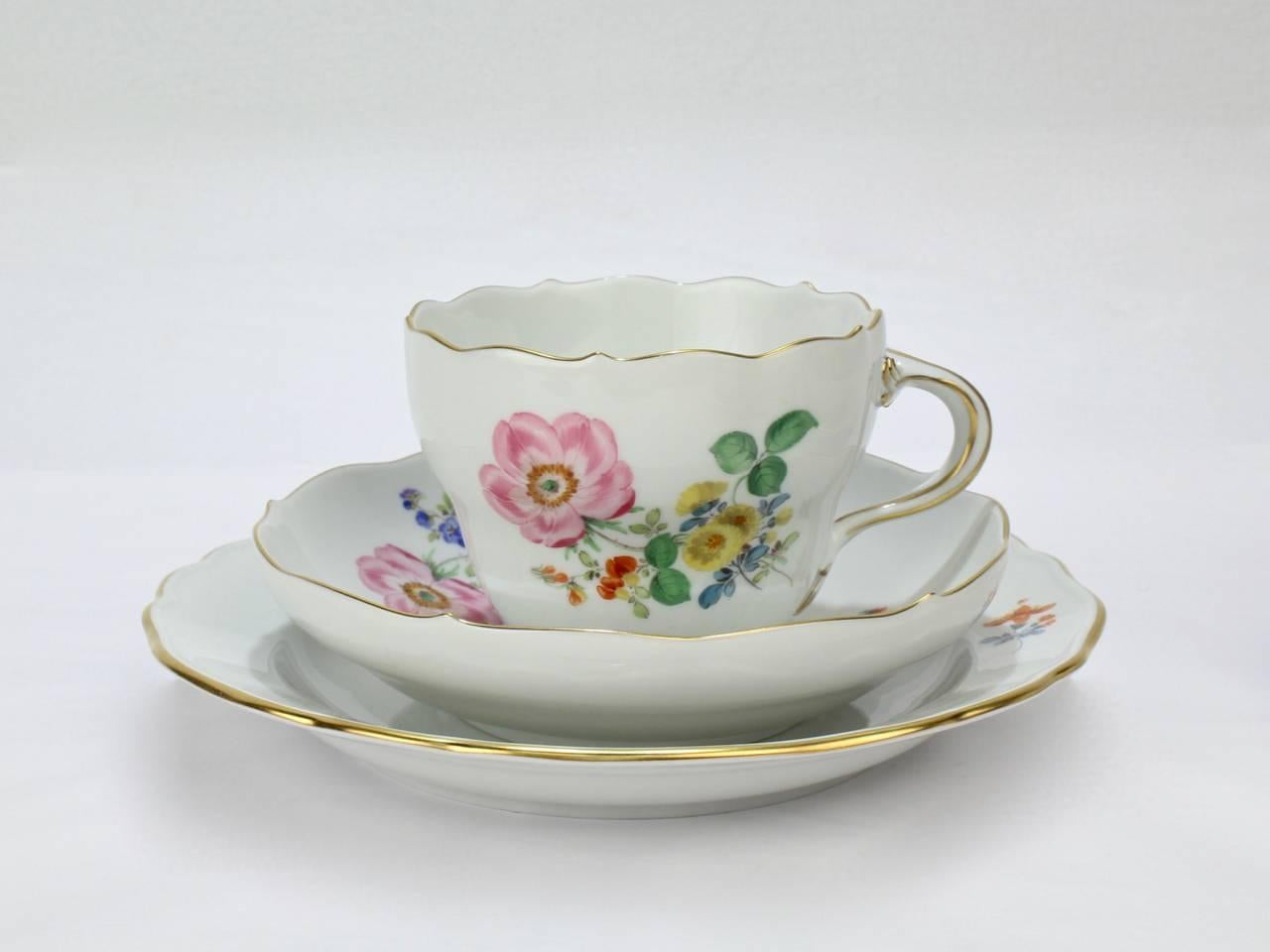 Set of Six Meissen Porcelain Tea Cup Saucer & Plate Trios with Different Flowers In Good Condition In Philadelphia, PA