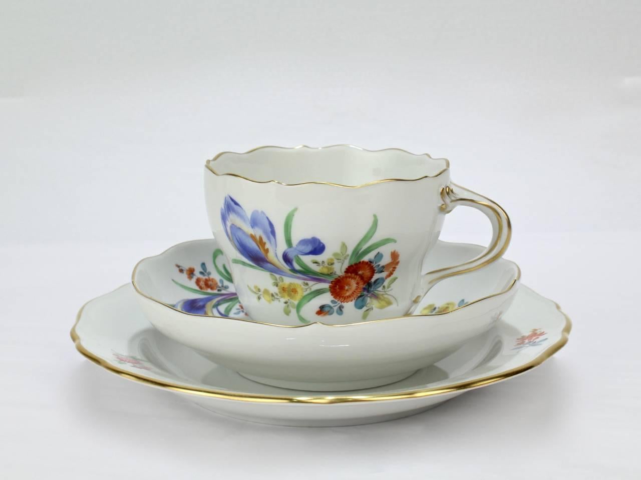 German Set of Six Meissen Porcelain Tea Cup Saucer & Plate Trios with Different Flowers