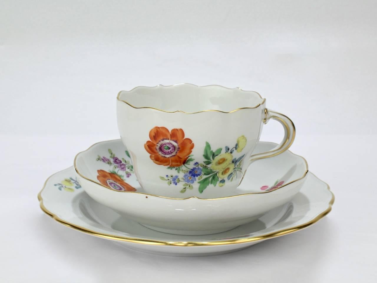 Hand-Painted Set of Six Meissen Porcelain Tea Cup Saucer & Plate Trios with Different Flowers