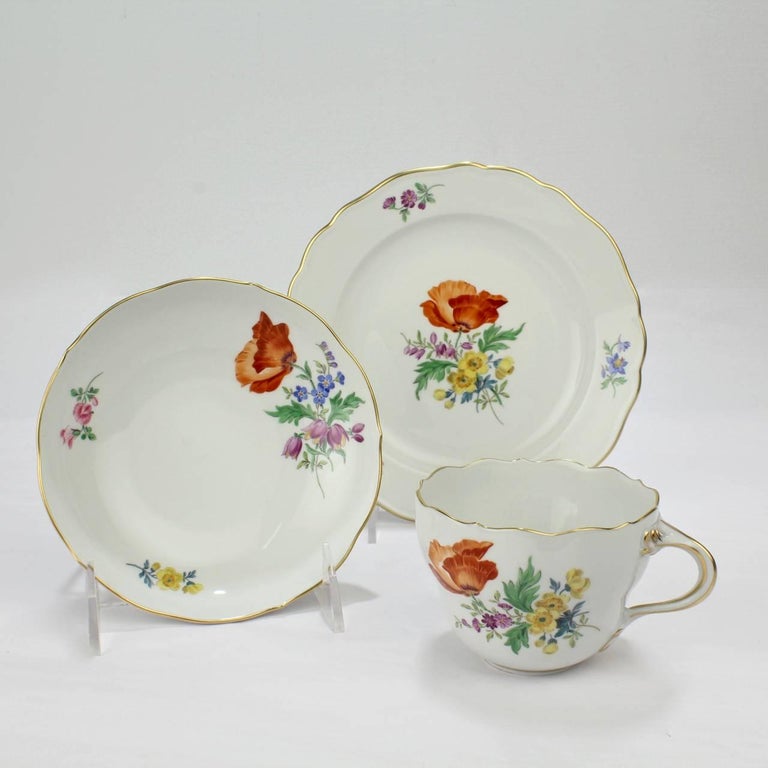 Set of Six Meissen Porcelain Tea Cup Saucer and Plate Trios with
