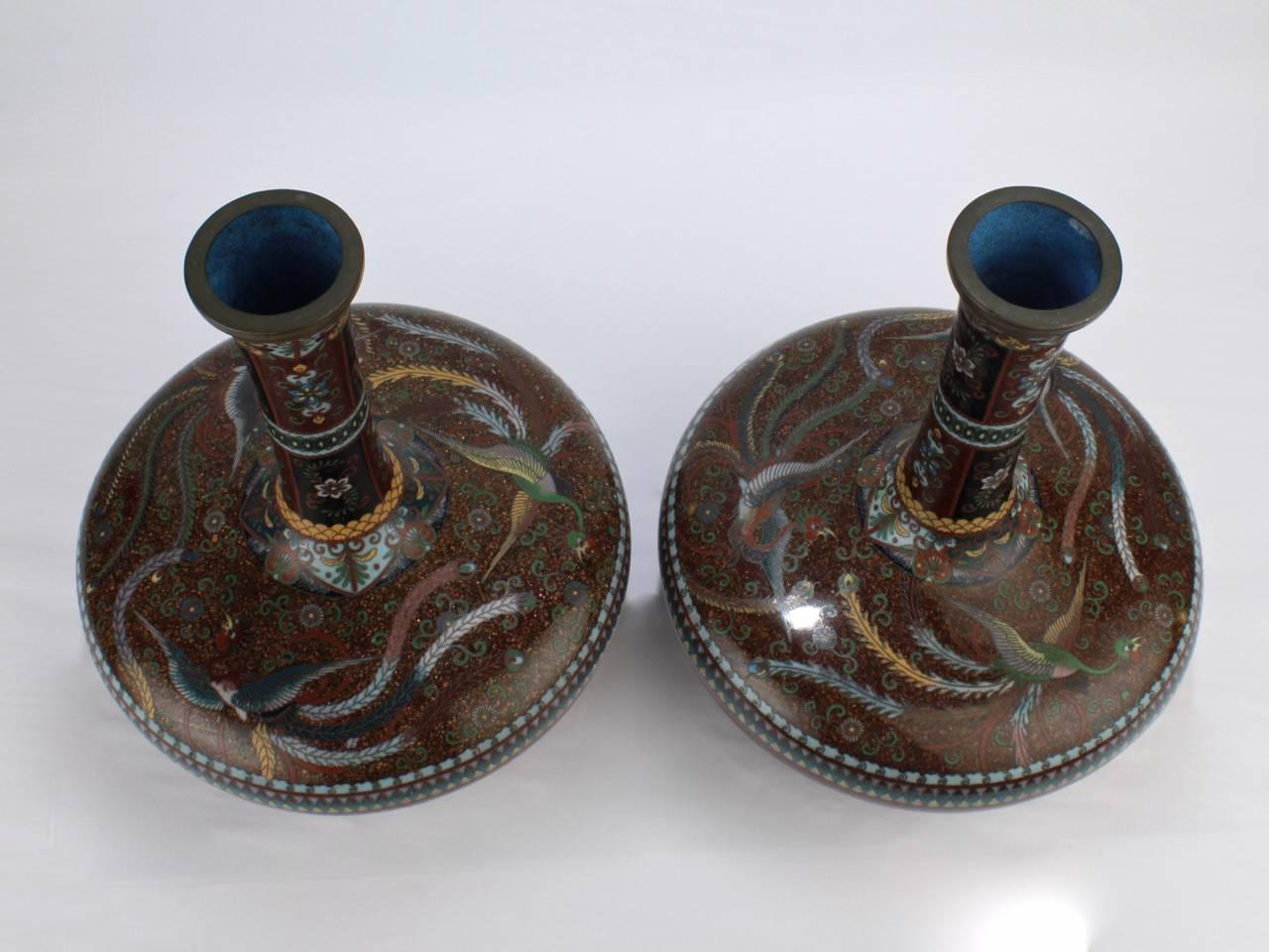 Cloissoné Pair of Large Antique Japanese Meiji Period Cloisonne Vases