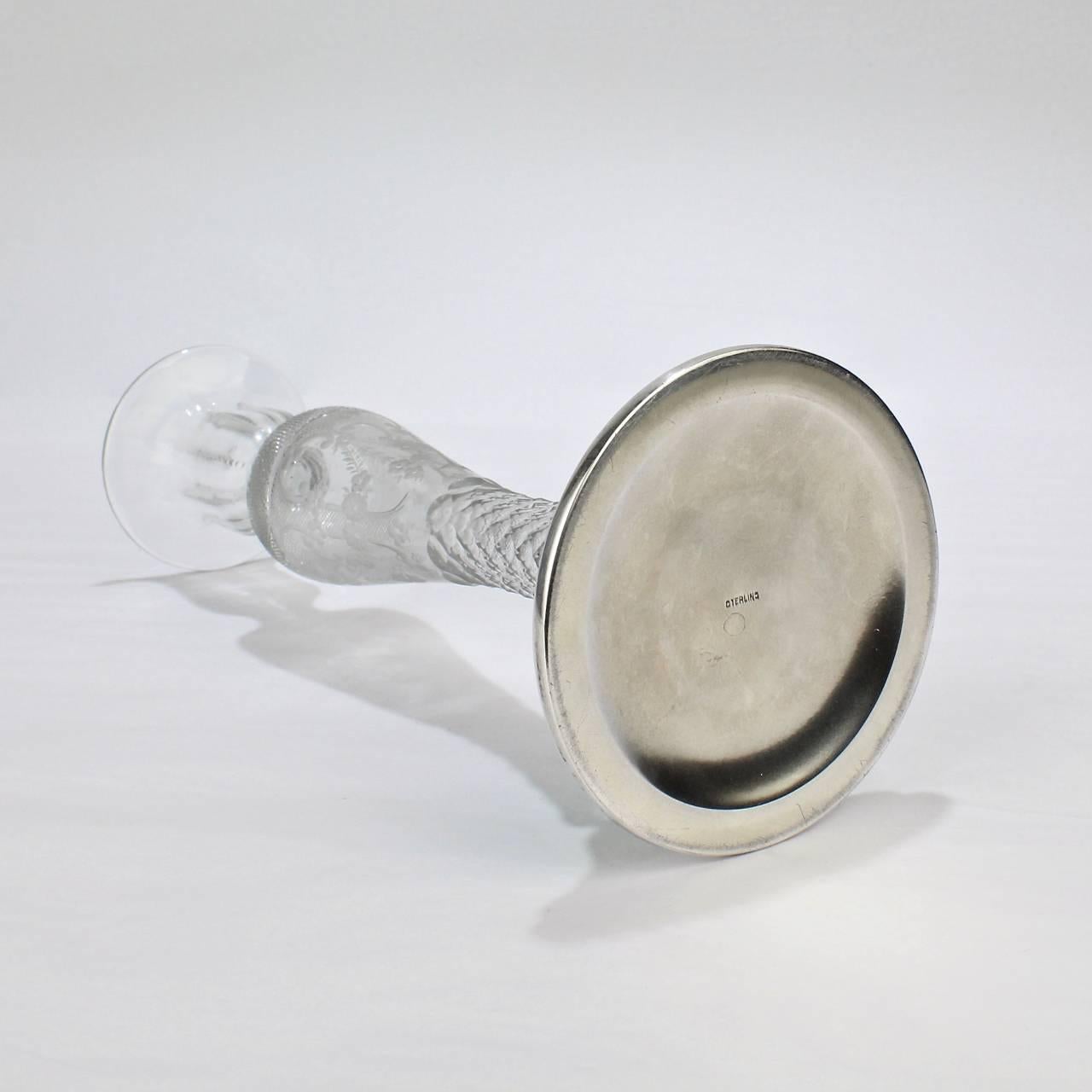Antiguo candelero americano de cristal tallado brillante y esmalte guilloché de plata de ley Plata esterlina en venta