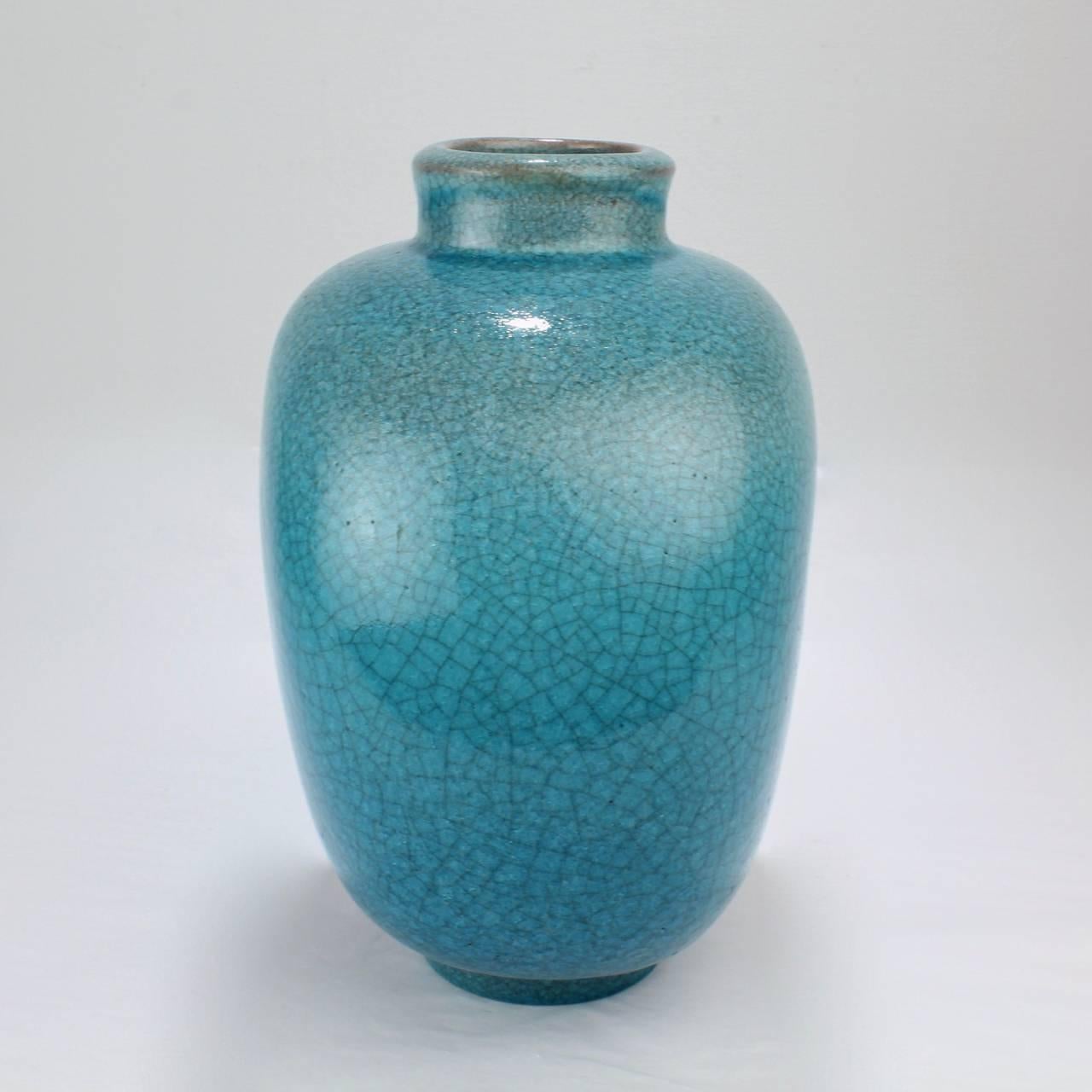 Large Art Deco Turquoise Crackle Glaze Majolica Vase by F Glatzle for Karlsruhe In Good Condition In Philadelphia, PA