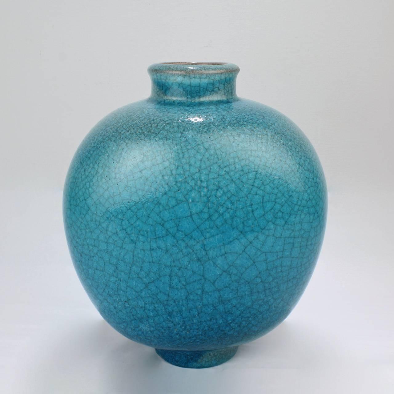 German Large Art Deco Turquoise Crackle Glaze Majolica Vase by F Glatzle for Karlsruhe