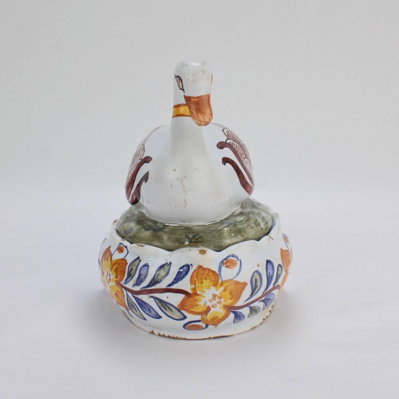 Antique 18th Century Polychrome Dutch Delft Figural Swan Form Butter Tub 3