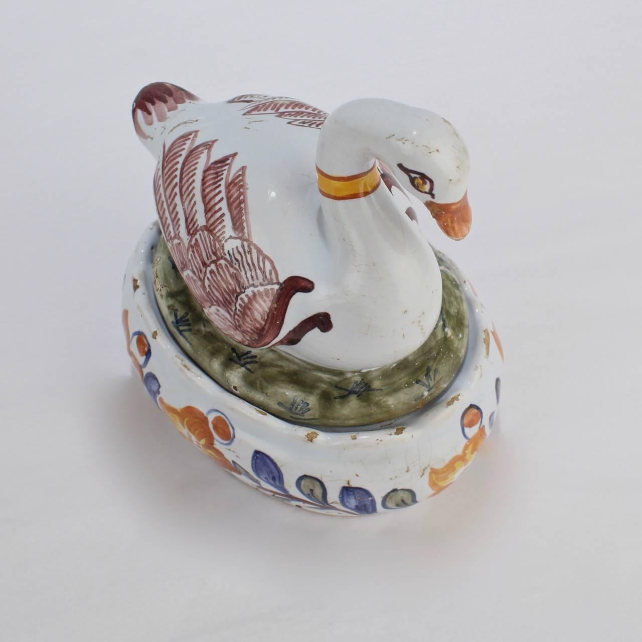 Antique 18th Century Polychrome Dutch Delft Figural Swan Form Butter Tub 5