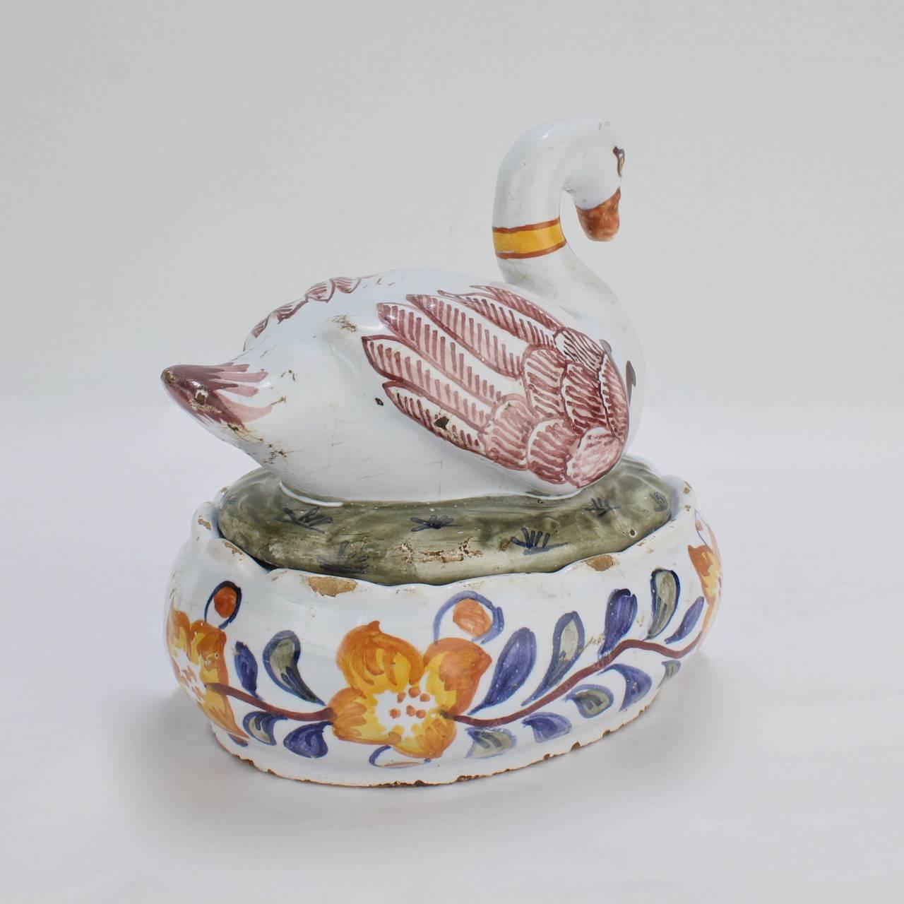 18th Century and Earlier Antique 18th Century Polychrome Dutch Delft Figural Swan Form Butter Tub