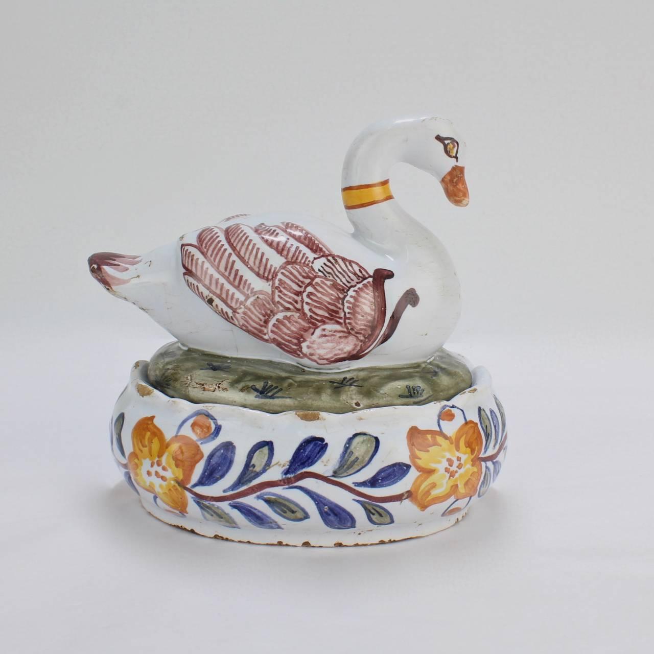 Antique 18th Century Polychrome Dutch Delft Figural Swan Form Butter Tub 1