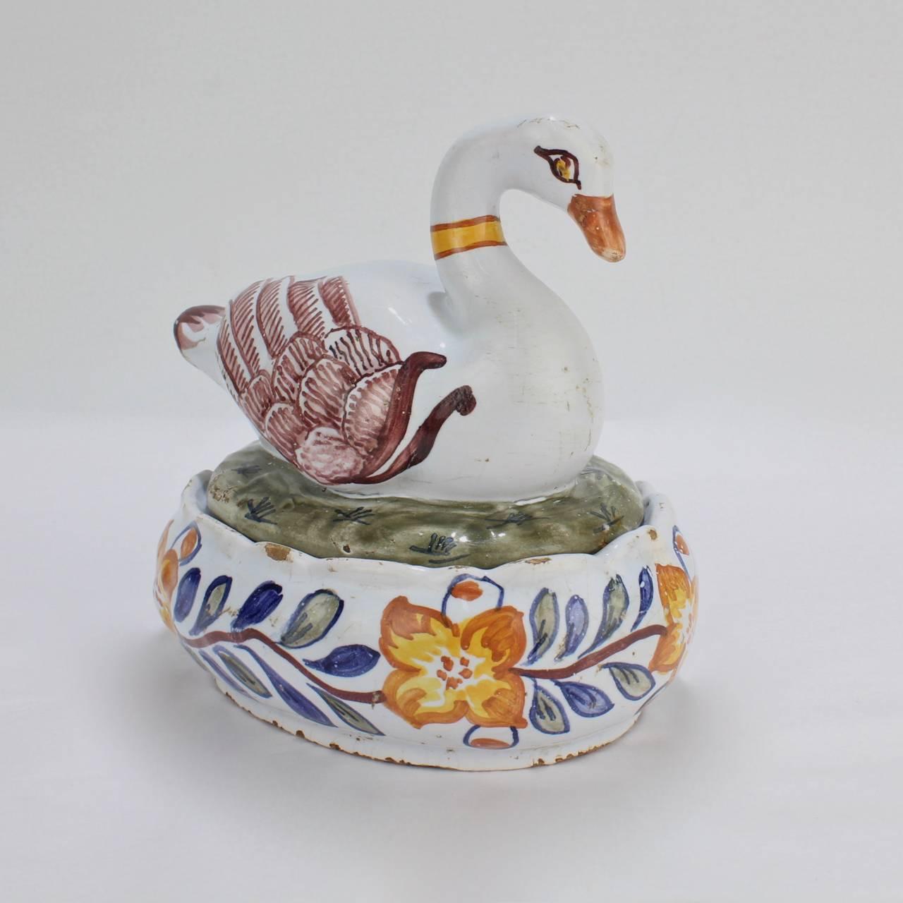 Antique 18th Century Polychrome Dutch Delft Figural Swan Form Butter Tub 2