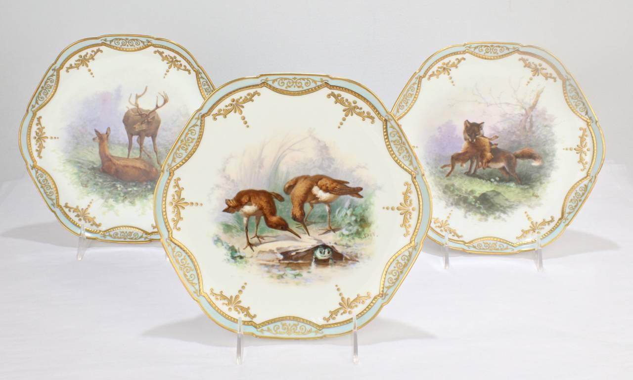 An extraordinarily well painted set of 12 19th century Limoges porcelain game plates by Narcisse Vivien. (Plus 3 additional plates).

Including images of quail, deer, boar, foxes, even birds with a frog, and many other species of wild game.

Each