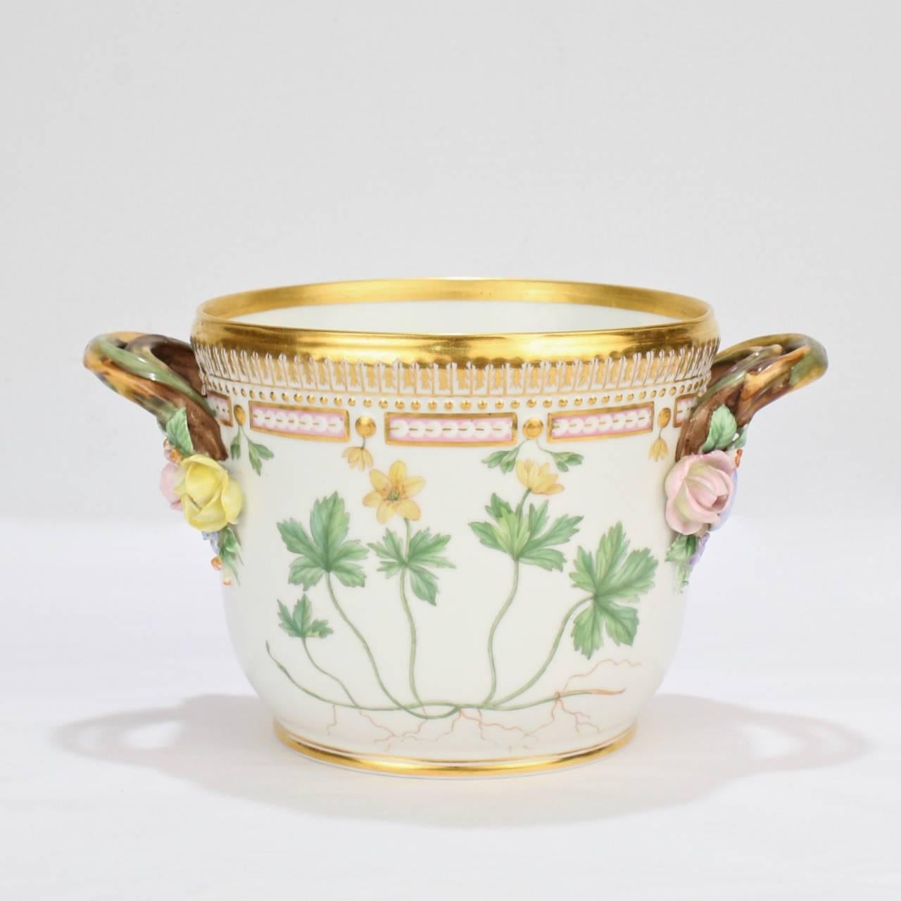 A fine, vintage Royal Copenhagen Flora Danica round wine cooler or cachepot. 

With typical floral decoration being identified as the anemones and violets - Anenome Richardsoni Haak. and Viola Hirta L.

Base bears the Royal Copenhagen factory