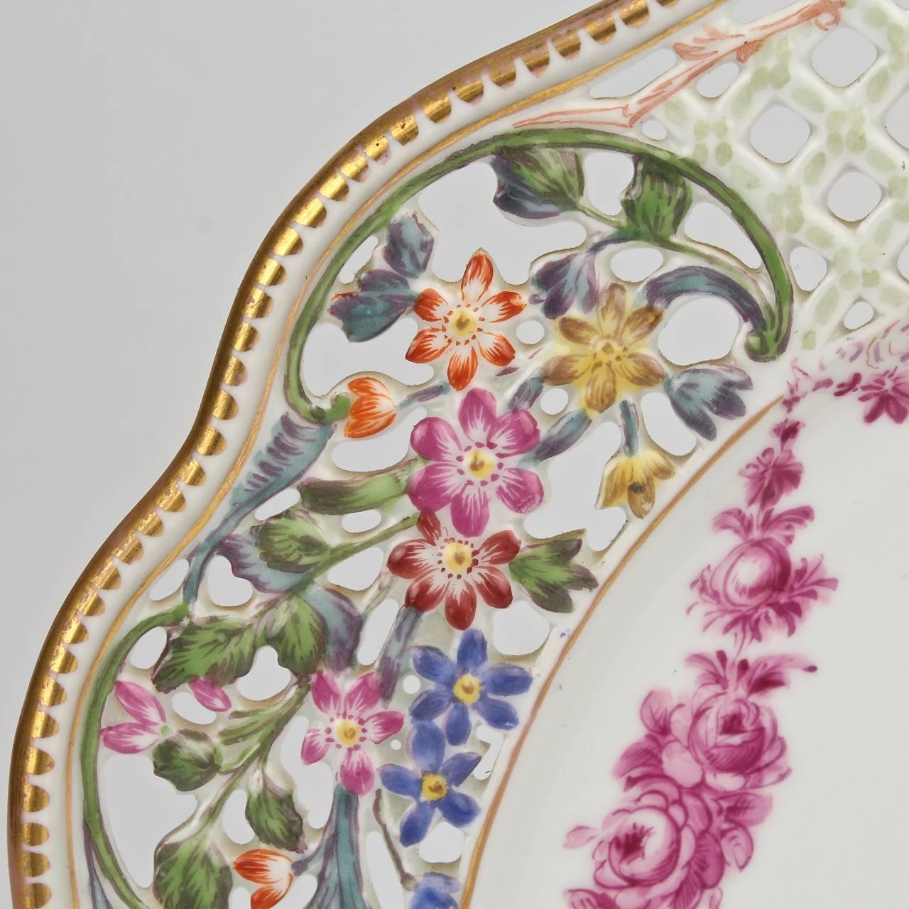 German Two Antique Dresden Hand-Painted Reticulated Cabinet Plates For Sale