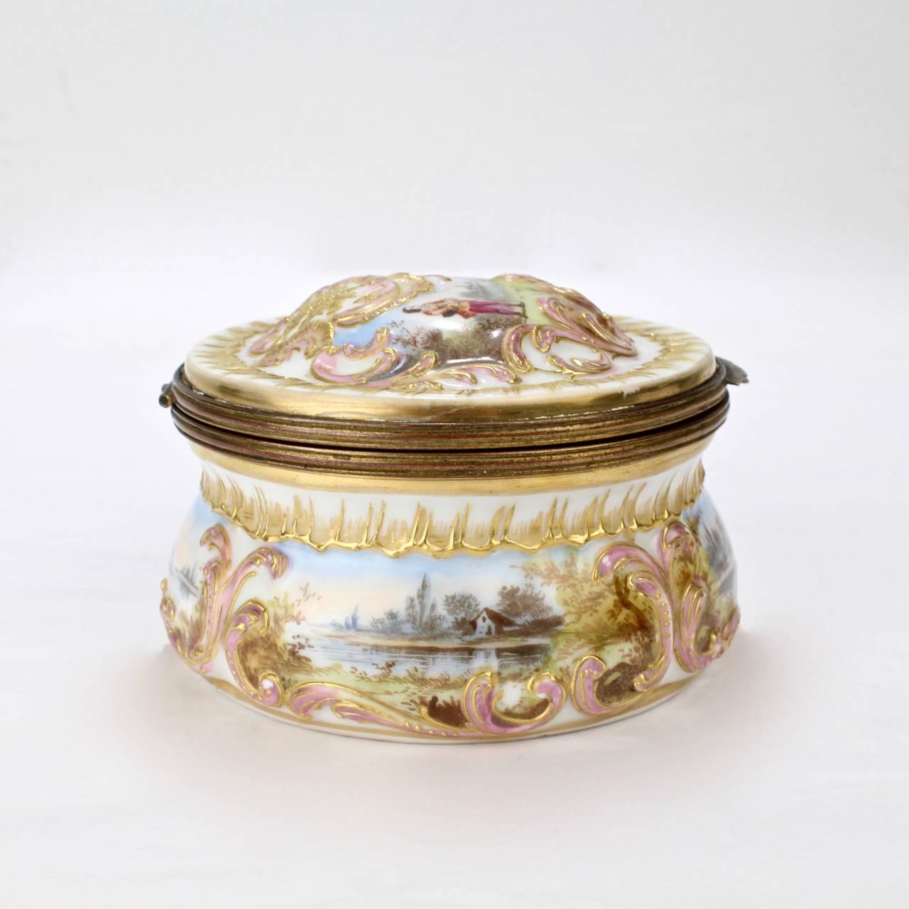 Rococo Revival Antique Gilt Paris Porcelain Table Snuff Box or Round Casket by Bloch & Bourdois For Sale