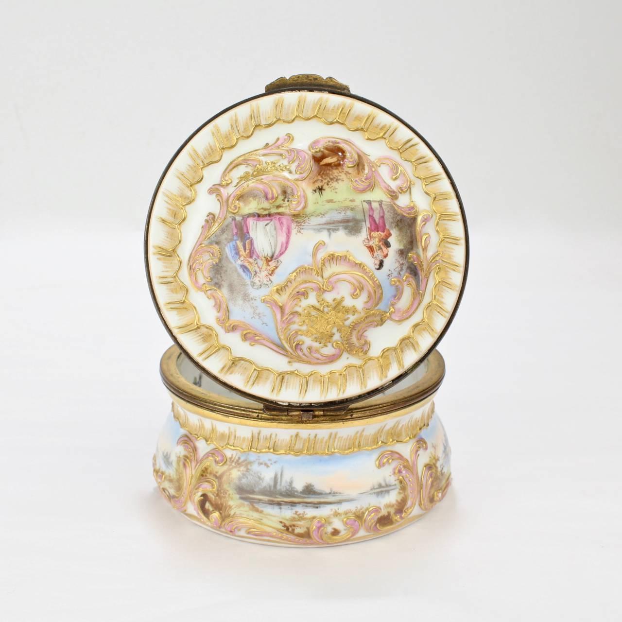 19th Century Antique Gilt Paris Porcelain Table Snuff Box or Round Casket by Bloch & Bourdois For Sale