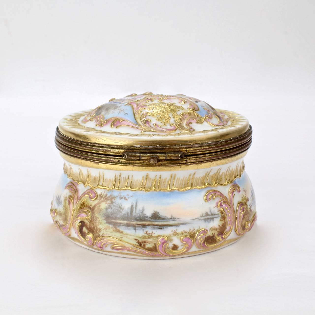 French Antique Gilt Paris Porcelain Table Snuff Box or Round Casket by Bloch & Bourdois For Sale