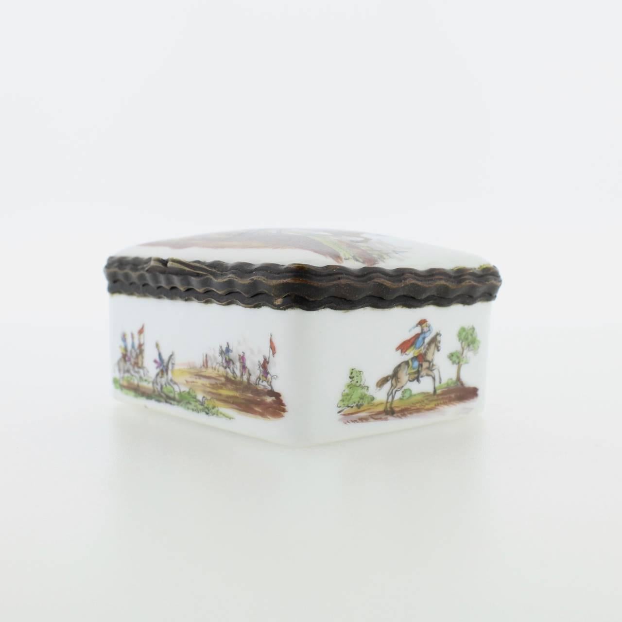 18th Century and Earlier Antique French or German Porcelain Snuff Box with Hand-Painted Military Scenes For Sale