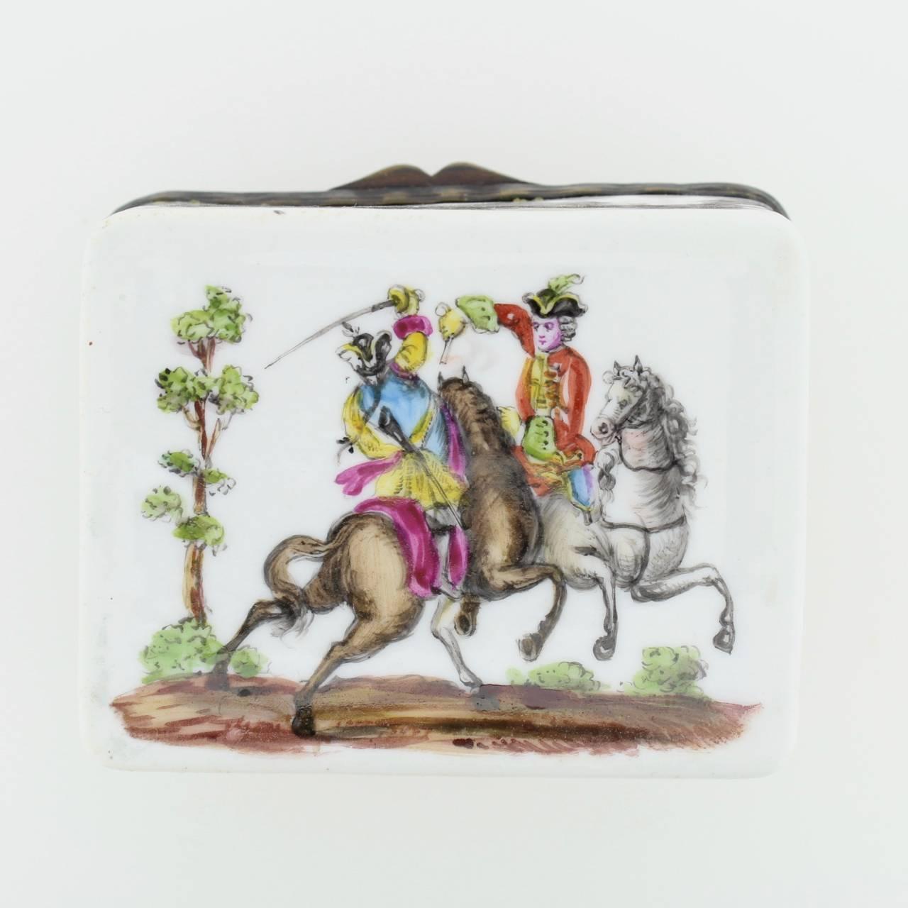 George III Antique French or German Porcelain Snuff Box with Hand-Painted Military Scenes For Sale