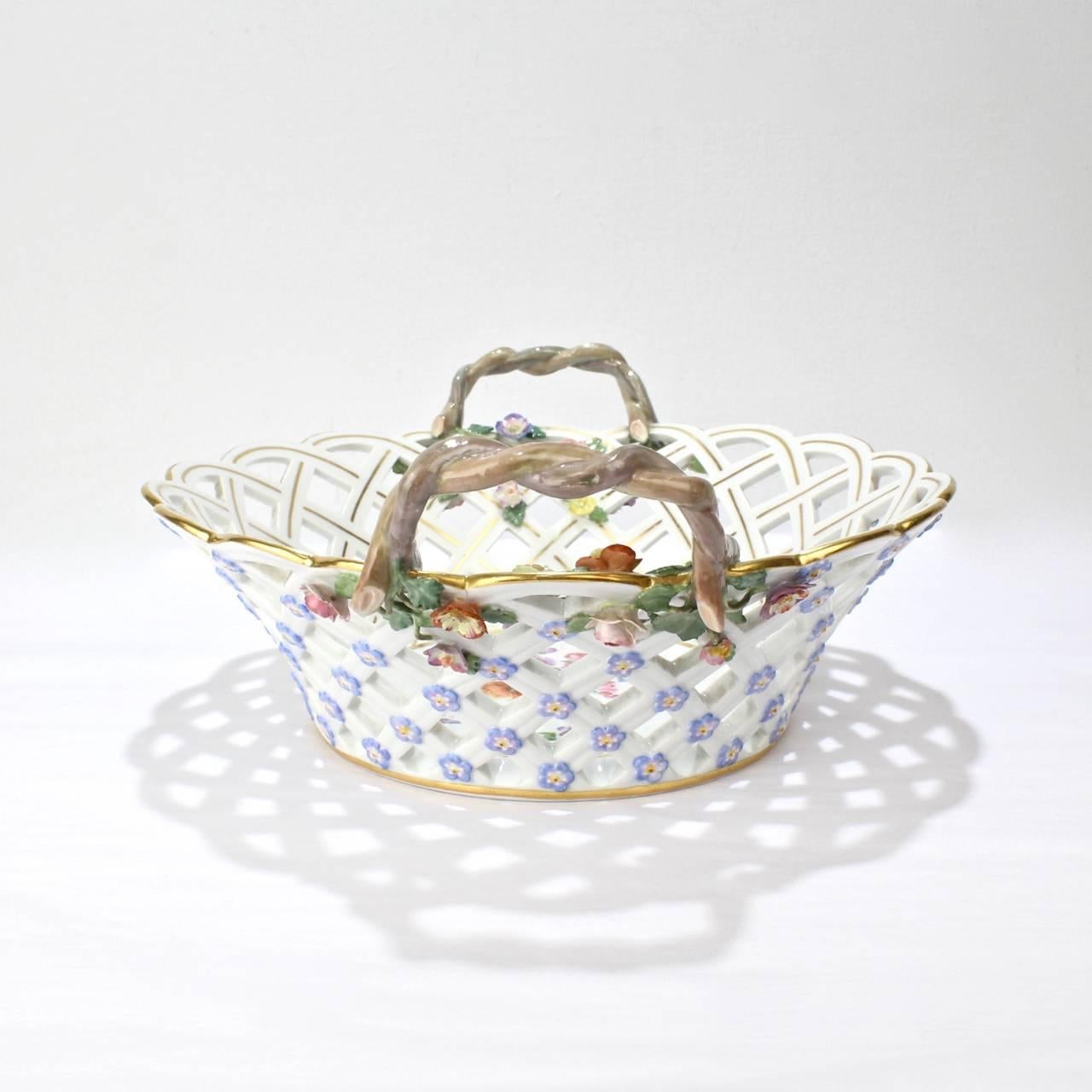 Antique 19th Century Meissen Porcelain Reticulated Fruit Basket with Flowers 1