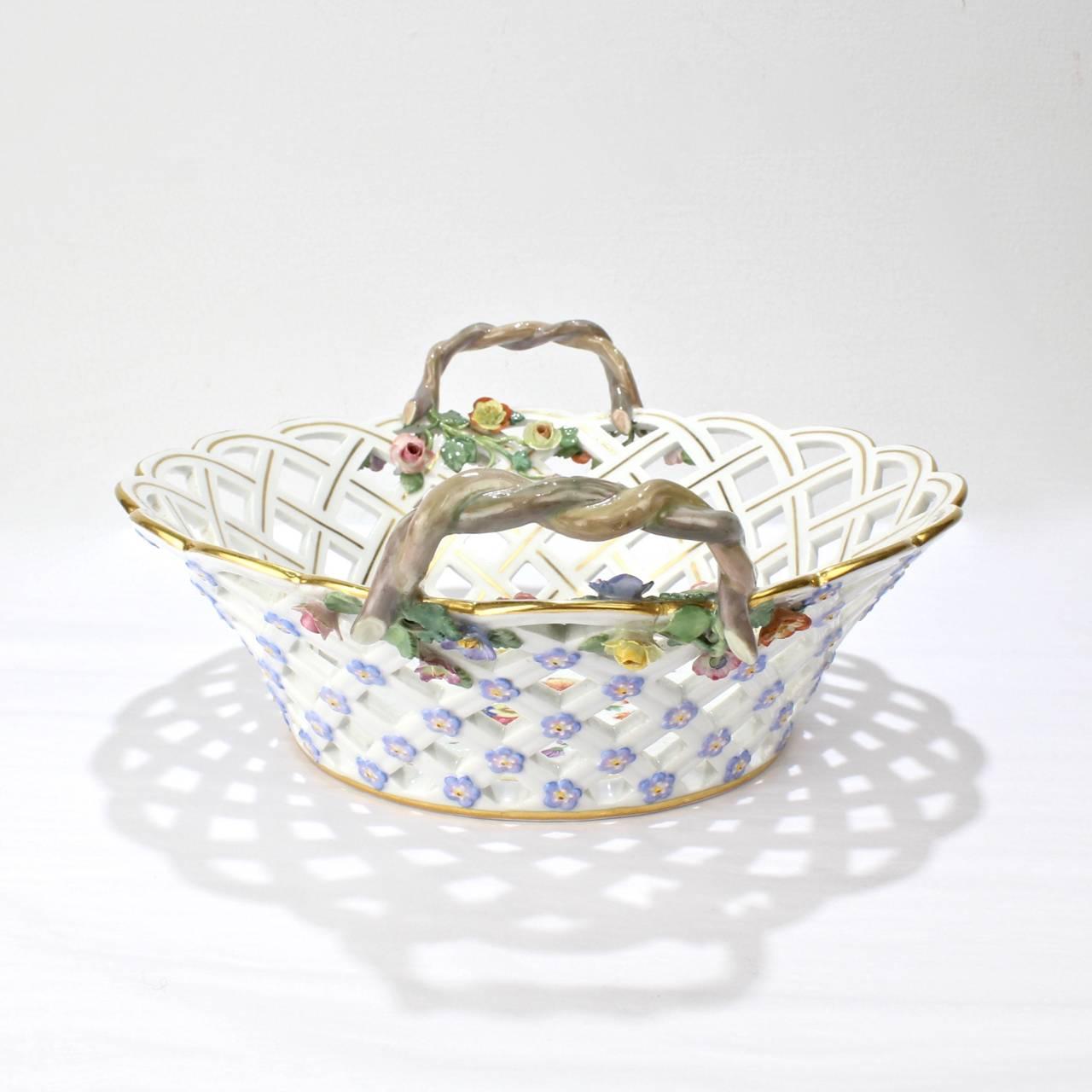 German Antique 19th Century Meissen Porcelain Reticulated Fruit Basket with Flowers